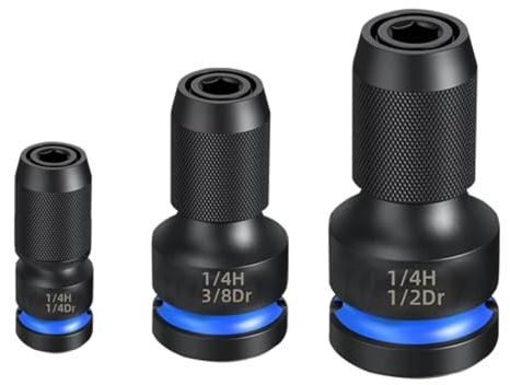 Gerywolf 3 pcs Impact Driver Bit Adapter Set, 1/2, 3/8, and 1/4 Female Drive to 1/4 Hex Socket Adapters, Impact Wrench Adapter for Ratchet Wrench Drives, Impact Bit Chuck, Quick-Change Chuck