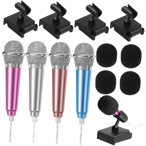 GLSTOY 4sets Mini Microphone for Phone and Laptop Black Sponge Covers and Mic Stands Compact Mic for Singing and Recording