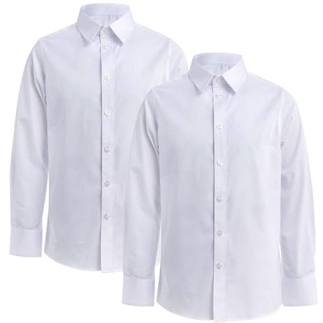 InfiniZer 2 Pack White Long Sleeve School Shirts Boys Cotton Button Down Dress Shirts Blouses (UK, Age, 12 Years, 13 Years, Regular, White)