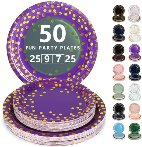 Nkaiso Platos Desechable, 50 Piezas Púrpura Oro Vajilla de Fiesta Set -25x 23cm & 25 x 18cm Platos de Carton, legante y Resistente para Bodas, Cumpleaños y Eventos | 25 x 23 cm y 25 x 18 cm. Platos desechables para cumpleaños, bodas, compromisos, bodas