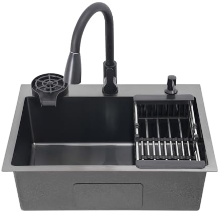 Fregadero de cocina empotrado de acero inoxidable con lavabo de un solo cuenco, grifo extraíble y dispensador de jabón, 60 * 45 cm, negro