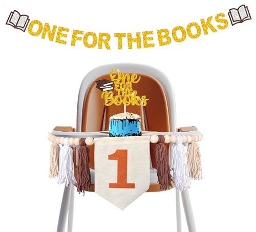 Pre-Strung-One for the Books First Birthday Decorations, One for the Books Banner Garland, High Chair Banner,Cake Topper, for Storybook Reading Library Party Supplies（glitter）