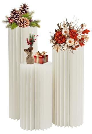 Lot de 3 vases en carton et colonne de fleurs de mariage - Support de fleurs - Colonne décorative pliable - Avec plaques en PVC - Forme cylindrique - Pour mariage, fête, jardin (blanc)