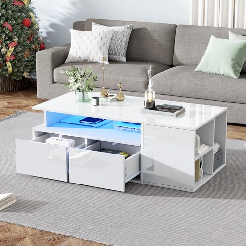 Merax LED Couchtisch Hochglanz,Teetisch mit 2 Schubladen & Halboffener Ablage, 100x50x35 cm, Weißer Wohnzimmertisch mit viel Stauraum, Sofatisch Kaffeetisch mit USB-LED-Licht
