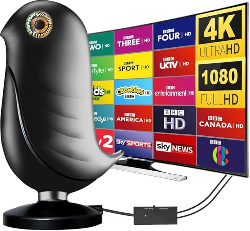 Indoor TV Aerial - 2025 Upgrade Digital Aerial with Booster 350+ Long Range Reception for Freeview TV Support 4K 1080P HDTV & 5M Coax Cable (Bird)