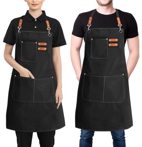 BOCHION Aprons for Women Men, Cotton Canvas Chef Apron with Adjustable Strap & Large Pockets, Cross Back Work Aprons for Kitchen Cooking, Baking, Gardening, Painting, Artist, One Size Fits All