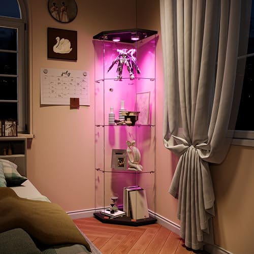 Eckvitrine aus Glas mit LED, Vitrinenschrank aus Glas, Vitrine aus Glas, moderner Sammlerschrank aus Glas, mit Schloss (Schwarz, 1 Tür mit 4 LEDs)