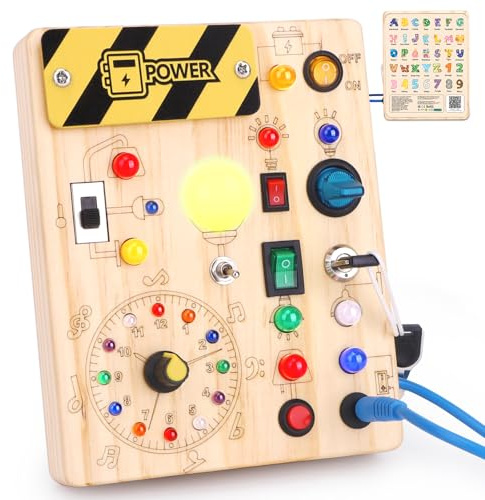 Busy Board Montessori Juguete a partir de 1 año de madera juguete de actividad motora sensorial juguete educativo con 10 interruptores y 23 luces LED para niños pequeños regalo para niños niñas 1 2 3