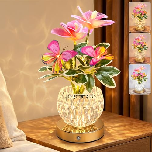 Lily Flower Lamps, Rechargeable Cordless Small Desk Lamp, 3 Colors Dimmable Artificial Flowers Night Light, Fake Bouquet with Crystal Vase for Home Date Party Decoration (Pink - Cymbidium)