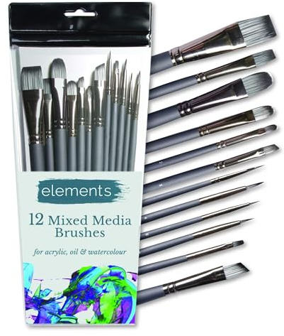 Elements 12pc Paint Brush Set – Art Brushes for Acrylic, Oil & Mixed Media | Acrylic Paint Brushes for Artists – 12 Piece Art Brush Set for Watercolour, Oil & Mixed Media, in Round, Flat & Fan Shapes