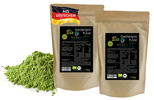 Michel´s Naturprodukte - BIO Gerstengras Pulver aus deutschem Anbau, 1Kg (2x500g), Fein Gemahlenes Pulver aus jungem Gerstengras, Ohne Zusatzstoffe - Vegan, Superfood