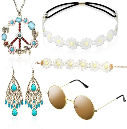 Alintor Hippie Accessoires für Schlagermove Outfit Damen, Flower Power Zubehör für Hippie Kostüm, 60er 70er Jahre Bekleidung, Peace Kette, Brille