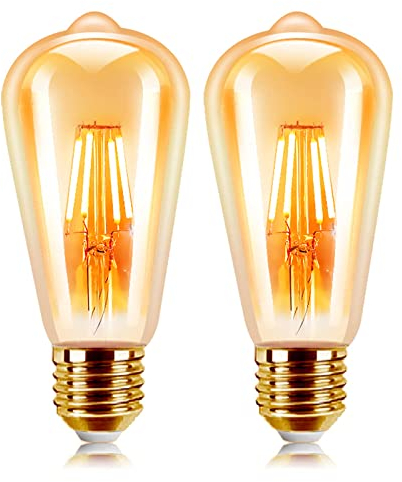 EXTRASTAR Vintage Edison Light Bulb, 6W E27 LED Filament Light Bulb, ST64 Retro Antique Style Amber Glass Screw Lamp, 540LM, Non-Dimmable, 48W Incandescent Equivalent, 2200K Amber Warm - 2 Pack
