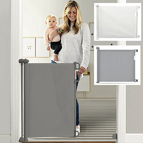 Baby Gate Retractable Mesh Stair Gate for Dogs Portable 0-140 cm Extra Wide Safety Gate Soft Non-toxic Mesh Gates Safe for Stairways & Hallways, Indoor & Outdoor, White