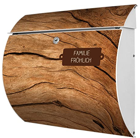 banjado® Burgwächter® Briefkasten weiß aus Stahl mit Motiv Trockenes Holz/Briefkasten mit Namen personalisierbar/Briefkasten ohne Zeitungsfach mit Kippdach & Öffnungsstopp, 2 Schlüssel