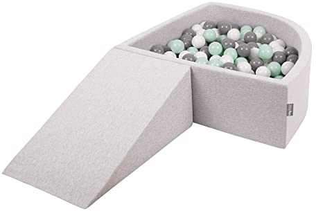 KiddyMoon Spielplatz Aus Schaumstoff Mit Viertel Eckig Bällebad (200 Bälle) Hindernisläufe, Hellgrau:Weiß/Grau/Minze