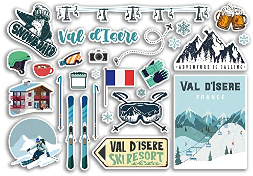 A5 Aufkleber Bogen Val d'Isere Vinyl Aufkleber – Frankreich Ski Resort Berge Snowboard Urlaub Flagge Reise Schnee Sport Gepäck Scrapbooking #79044