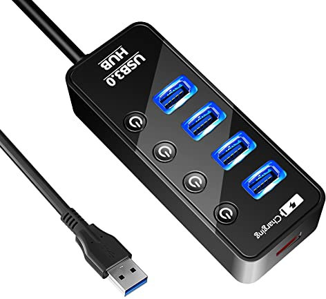 4 USB Data Ports Hub splitter with Individual On/Off Switches+1 USB Smart Charging Port, USB Extension for Windows 10, 8.1, 8, 7, Vista, XP, Linux, Mac OS X