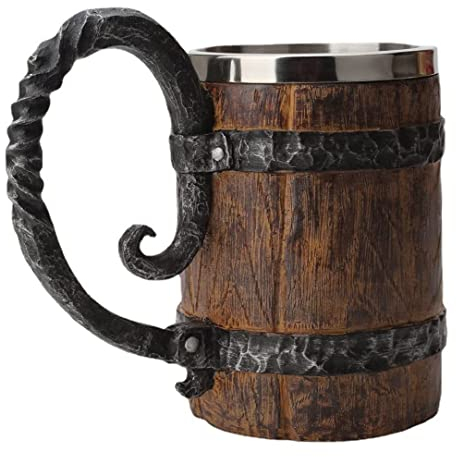 VONGLYHOO 550ml Viking Chope À Bière Viking Corne À Boire Verre Bière Inoxydable Whisky Barrel Cup Wood Style Chope Cadeau En Bois Antique Men's Barrel Capacity