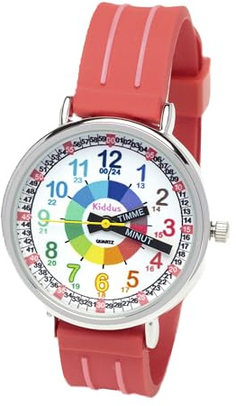 Kiddus Lernuhr Kinder, Analoge Armbanduhr ab 5 Jahren, Jungen Mädchen | Erste Lern-Armbanduhr, Rot, 3ATM nur für Spritzwasser, klassische Zeiger und große Zahlen