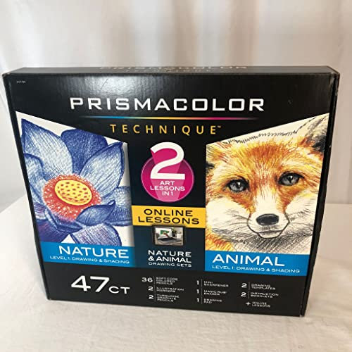 Prismacolor Technik, Kunstbedarf und digitaler Kunstunterricht, Tier- und Naturzeichnungsset, Stufe 1, Zeichnen lernen mit Buntstiften, Graphitstiften und mehr, Fuchs- und Blumenzeichnung, 47-teiliges