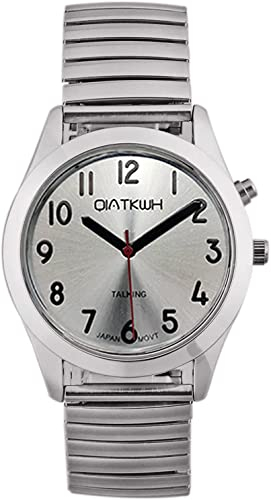 QIATKWH Deutsch sprechende Uhr,silbrigschale, silbrig verstellbare Länge Edelstahl einziehbares Uhrenarmband,Herrenstil