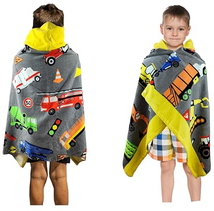 DASHN PRODUCTS Hooded Bath Beach Towel for Kids - Truck - Large 50x30 Inch Cotton Soft Absorbent with Hood for Toddler, Boys, Girls - Wrap/Bathrobe for Pool, Travel, Camping, Swimming