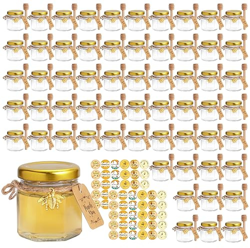 JIUHSHN 60Pcs Mini Glass Honey Jars 1.5Oz Hexagon Small Honey Jars In Bulk with Wooden Dippers,Bee Charms,Thank You Cards,Jutes and Stickers for Baby Shower Wedding Party Favors