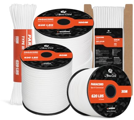 Abma Cord 4mm Paracord 620lb 15M 9 Kärntrådar Nylonrep Typ III för DIY, Camping, Överlevnad, Utomhus - Max. 280kg - Vit