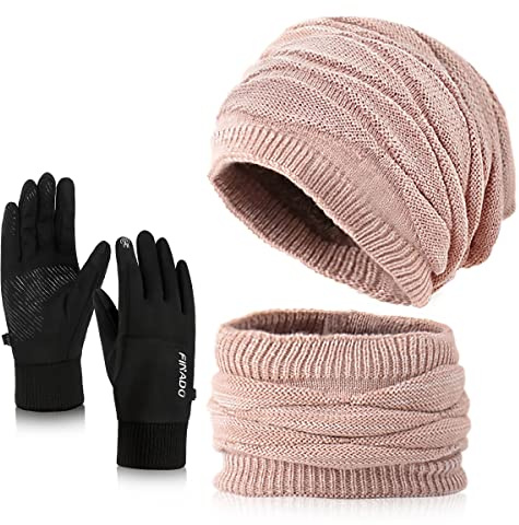 29 IYEBRAO Wintermütze Schal Handschuhe Sets Damen,Weichem Strickmütze Schal,Touchscreen Handschuhe,Warme Beanie Mütze Winter Set mit Fleecefutter für Ski