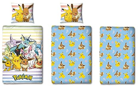 Pokémon Bettwäsche Set 3-teilig 135x200 80x80 cm mit Spannbettlaken 90x200 cm - Kinderbettwäsche mit Pikachu aus 100% Baumwolle - Mit Wendemotiv und Reißverschluss - Öko-Tex, Maschinenwaschbar