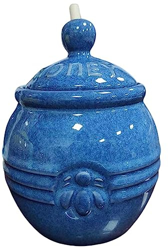 LAVAMI Storage Jars - Mini Honey Jars 8 Oz With Wooden Dipper, Rustic Ceramics Honey Pot For Store Honey And Syrup-Ⅰ-9.3 * 12cm (Color : Blue)