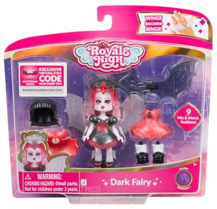 Jazwares Royale - Bambola alta da 7,6 cm, motivo: fata scura, 1 figura con 9 accessori alla moda, codice articolo virtuale incluso, serie 1, età 5+
