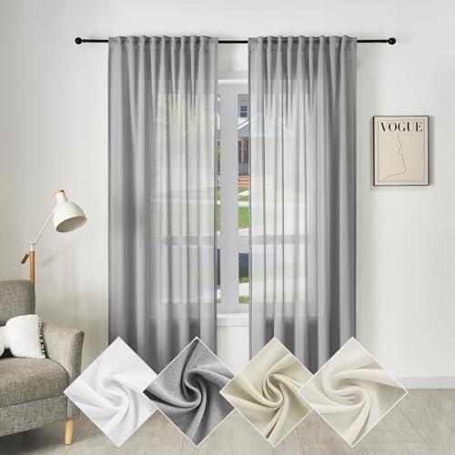 WOLTU halbtransparenter Vorhang mit Kräuselband Leinenoptik 135x245cm Grau | Gardineschal für Wohnzimmer Schlafzimmer, moderne Stores mit weichem Licht 245cm Lang（1 Stück）