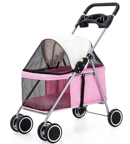 Kinderwagen für Katzen und Hunde Zusammenklappbarer, Leichter Haustier-Kinderwagen mit Getränkehalter und Aufbewahrungstasche 4-Rad-Reiseträger Hundewagen Kinderwagen,Pink