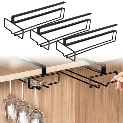 BYZESTY Weingläser Halter, 3 Stück Weinglashalter Zum Umhängen, Unter Dem Schrank Weinglashalter, Stemware Rack hängende Kein Bohren, Gläserhalterung Hängend Für Hausbar Restaurant, Schwarz