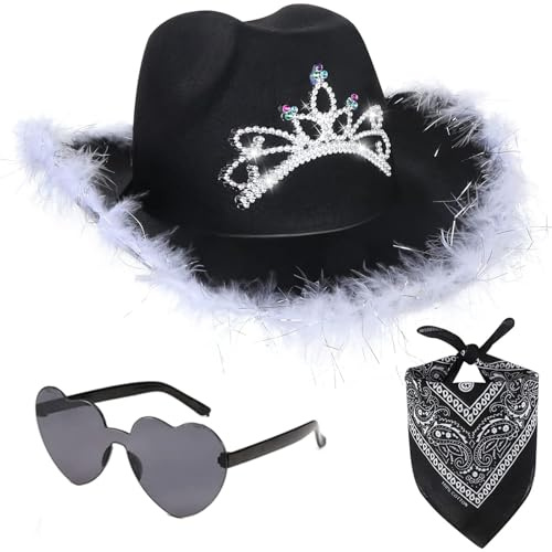 HIQIU 3 Stück Cowboy Hut Damen Set, Cowgirl Hut Damen mit Bandana Partybrille Accessoires Für Wilder Westen Kostü Karneval Mottoparty (Schwarz)