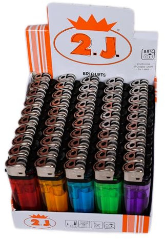 2J Lot de 50 Briquets A Roulette Translucide Rechargeables Briquet Slim Gaz a Pierre,Et Pas Cher, Assortiment De 5 Couleurs pour Fumeur De Cigarette Longue Et Courte, pour Allumer des Bougies