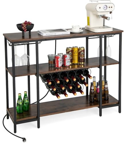GOPLUS 3-stufiges Weinregal für 22 Flaschen, Flaschenregal mit Steckdosen, Weinschranktisch mit Glashalter, freistehendes Weinbarregal mit Metallrahmen, für Küche, Esszimmer(Rustikales Braun)