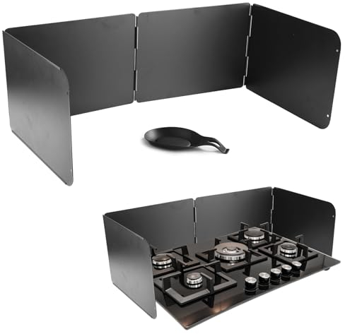 4 Sided Grease Splatter Guard, Stainless Steel Oil Splatter Screens Shield Guard Grease Backsplash Guard Folding Splash Guard with Silicone Spoon Rest Back Proof for Cooking & Stove (Black)