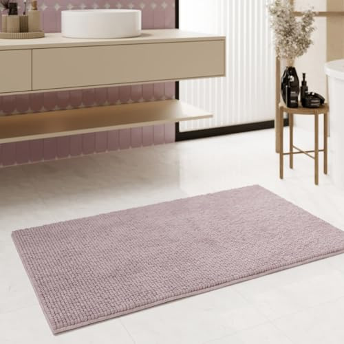Wecon Home Balu getufteter Badteppich, 60 x 50 cm, Flieder rosa | moderner Chenille Badteppich, Rutschfest, Waschbar, Saugfähig, Stilvoll für jedes Badezimmer