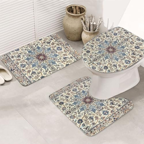 Set 3 Teilig Badvorleger Persien Staubiges Blau Grau Grau Akzent Badgarnitur Badematten Weiche Wasserabsorbierend Konturmatte, Für Wohnzimmer, Wc-Sitz Bezug