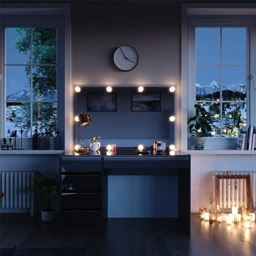 Vicco Schminktisch-Set Sherry, Schwarz/Gold, 120 cm | mit LED Beleuchtung, mit LED-Beleuchtung und großem rechteckigem Spiegel