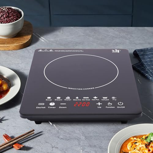 vinnyooc 2200W Induction Hob Portable Induction Hob Cooker Single Induction Cooker Eight Power Levels Electric Induction Countertop 180 Minutes Timer for Dorm Rooms Home Kitchens