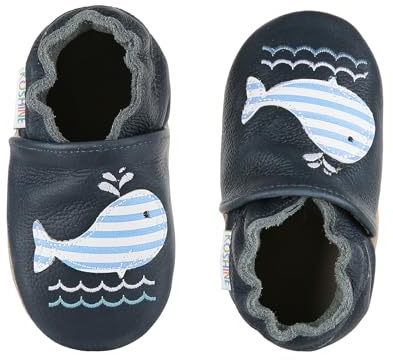 koshine krypskor i mjukt läder, babyskor, barn, lära-gå-skor, tofflor 0–3 år (grå, 18), marinblå delfin, 24/25 EU