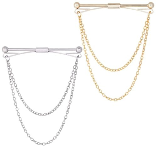 CVNRCLP Men's Collar Pins Set - 2 Colors (Gold & Silver) Necktie Tie Cravat Clips with Chain, Lapel Pin, Collar Bar, and Tassel Brooch - Perfect for Business Attire or Weddings, Wonderful Gift for Men
