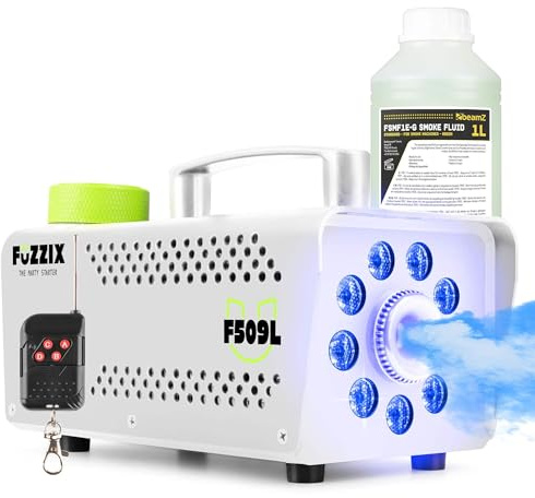 Fuzzix F509LW Nebelmaschine Mini mit LED Lichteffekt und 1L Nebelfluid, 500 Watt mit Fernbedienung, Rauchmaschine Party, Smoke Machine mit 9 LEDs RGB für Hochzeiten, Halloween, Partys, Bars, Weiß