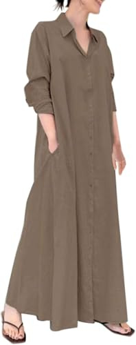 ThiCc Women's Cotton Linen Maxi Shirt Dress - Casual Loose Fit Long Sleeve Button Down V Neck Collared Tunic Blouse with Pockets Smock Long Dresses Business Casual Vacation Beach Outfit (L,Brown)