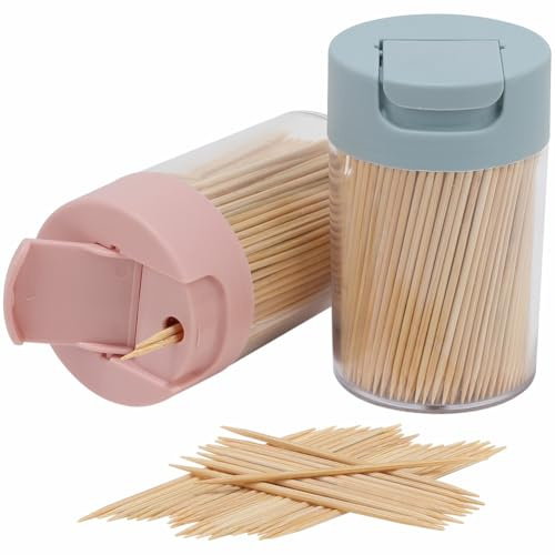 MHREN Toothpick Dispenser, 1000 Count Bamboo Toothpicks with 2 Reusable Toothpick Dispenser, Sturdy Smooth Health Toothpicks for Party, Bar, Olive, Barbecue, Fruit and Teeth Cleaning