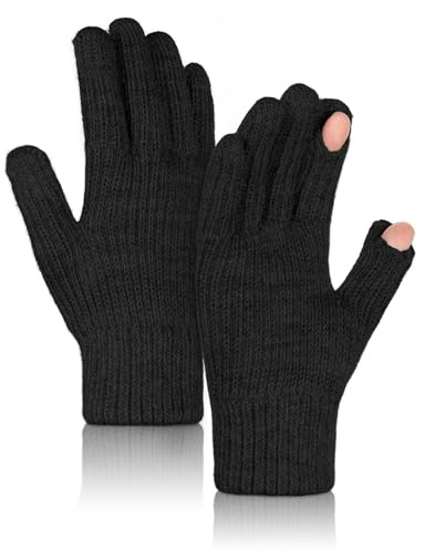 Kiiwah Fingerlösa handskar vinter herr dam, termisk pekskärm stickade handskar, elastiska handskar med vindtäta varma foder för ridsport, Svart, Taglia unica